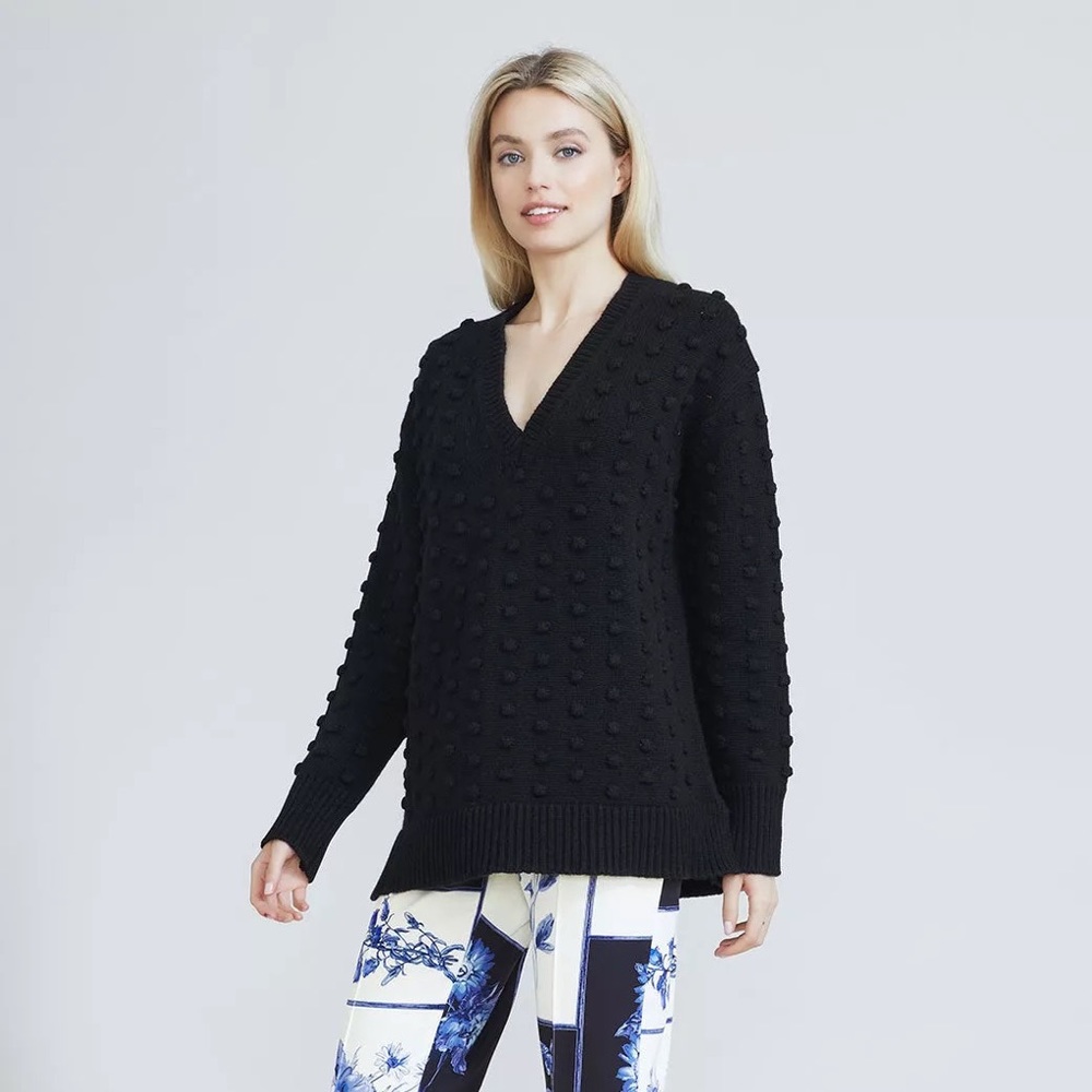 Lela Rose Dotted V-Neck Sweater Black